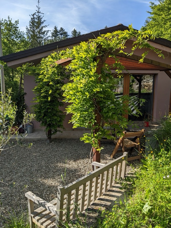 Studio One exterior with wisteria-covered pergola